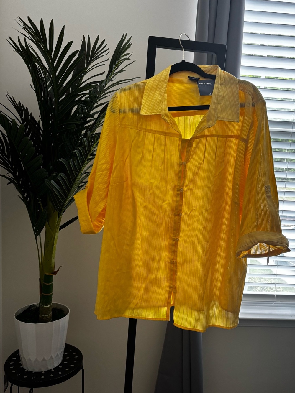 Basic Editions Yellow Button-Down Sheer Blouse - Picture 3 of 4